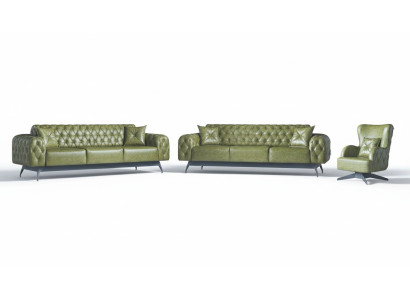 Sofas Set Couch 3-Seater Leather Armchair Green Classic Chesterfield Upholstery 4-piece.