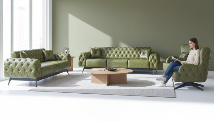 Chesterfield Upholstery 3-Seater 2-Seater Armchair Green Set Classic Leather 4-Piece Set.