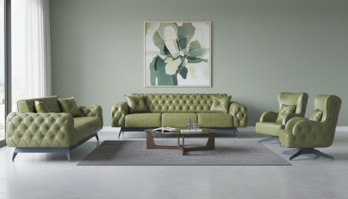 Chesterfield Upholstery 3-Seater 2-Seater Armchair Green Set Classic Leather 4-Piece Set.