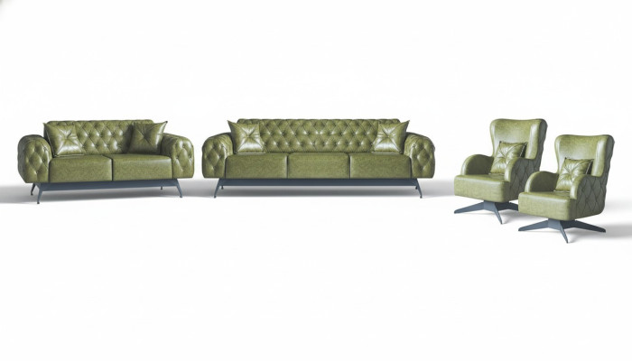 Chesterfield Upholstery 3-Seater 2-Seater Armchair Green Set Classic Leather 4-Piece Set.