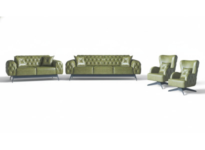 Chesterfield Upholstery 3-Seater 2-Seater Armchair Green Set Classic Leather 4-Piece Set.