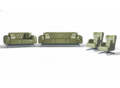 Chesterfield Upholstery 3-Seater 2-Seater Armchair Green Set Classic Leather 4-Piece Set.
