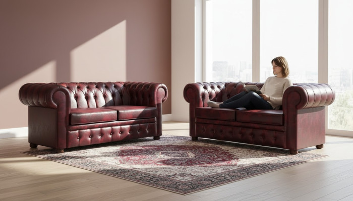 Leather sofas Chesterfield button couch 2-seater Bordeaux classic sofas