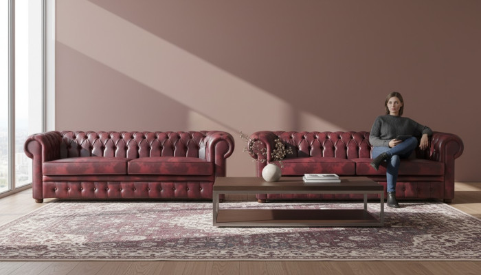 Chesterfield 3-Seater Bordeaux Couch Sofas Classic Leather Sofas Wood 2-piece