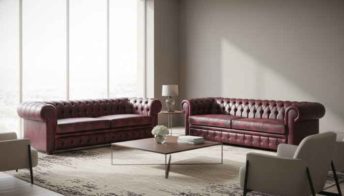 Chesterfield 3-Seater Bordeaux Couch Sofas Classic Leather Sofas Wood 2-piece