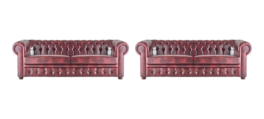 Chesterfield 3-Seater Bordeaux Couch Sofas Classic Leather Sofas Wood 2-piece