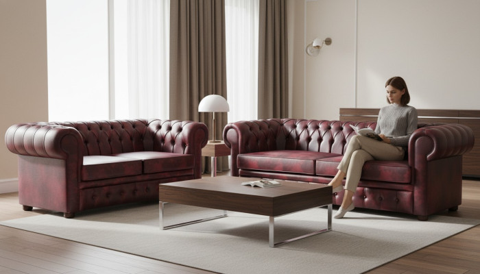 Seating Furniture Sofa Set 3-Seater 2-Seater Bordeaux Couch Chesterfield Buttons