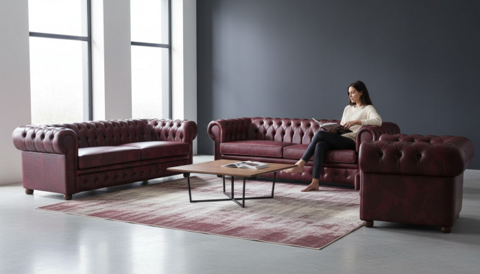 Classic leather sofa set 3-seater sofa suite armchair Chesterfield set 3-piece.