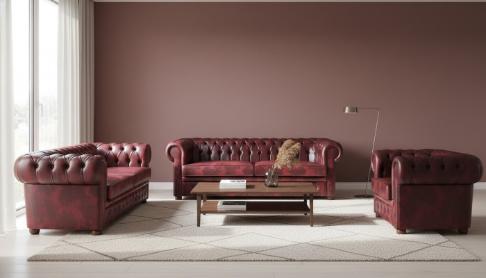 Classic leather sofa set 3-seater sofa suite armchair Chesterfield set 3-piece.