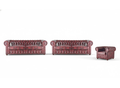 Classic leather sofa set 3-seater sofa suite armchair Chesterfield set 3-piece.