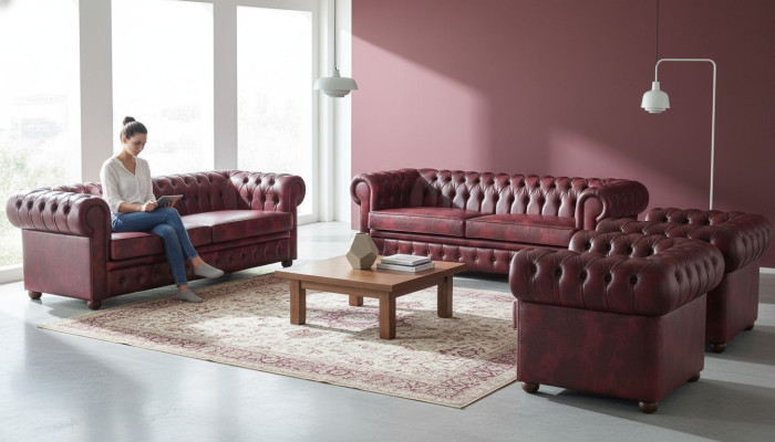 Leather sofa set 3-seater armchair Bordeaux Chesterfield upholstered sofa leather 4-piece