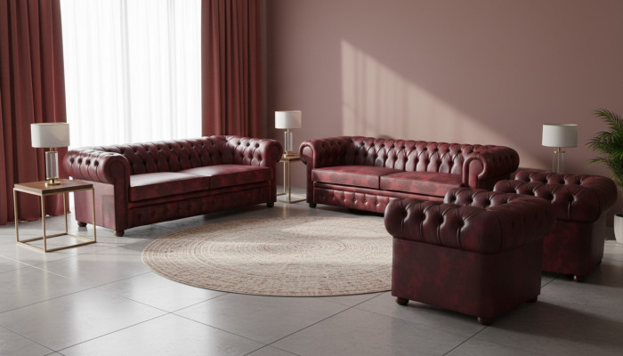 Leather sofa set 3-seater armchair Bordeaux Chesterfield upholstered sofa leather 4-piece