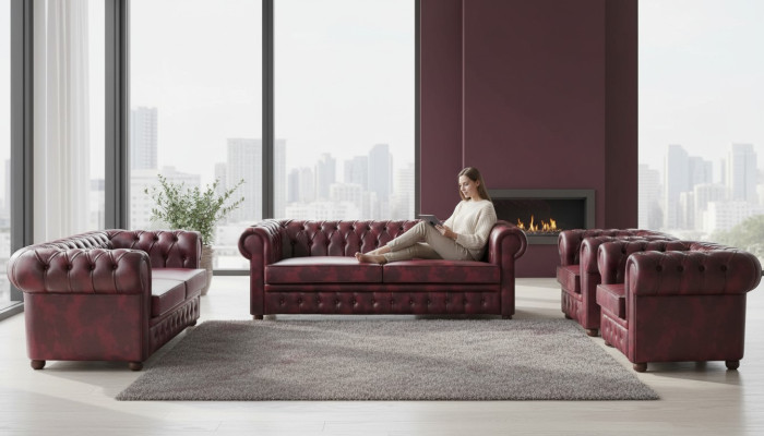 Sofa set couch Chesterfield 3-seater 2-seater armchair Bordeaux set of 4 pieces.