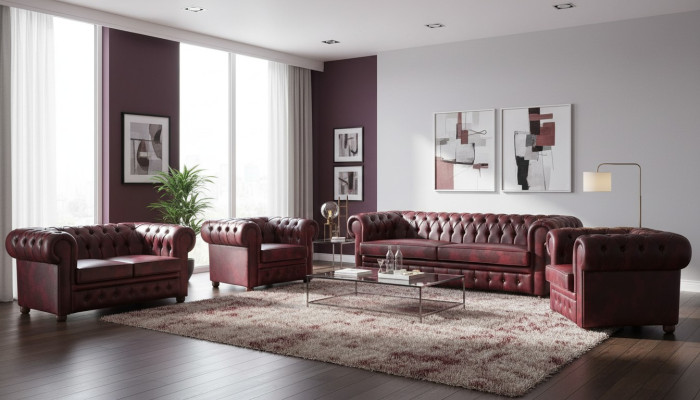 Sofa set couch Chesterfield 3-seater 2-seater armchair Bordeaux set of 4 pieces.