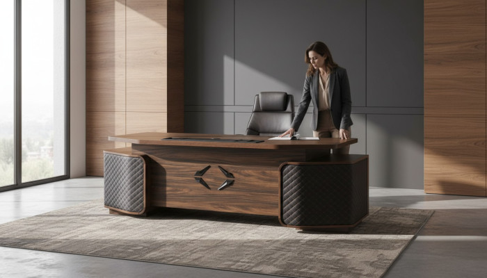 Office desk drawers study rectangular brown black modern wood