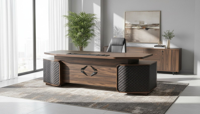 Office desk drawers study rectangular brown black modern wood