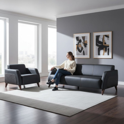 Leather sofa set 3-seater armchair black couch modern sofa set seating furniture