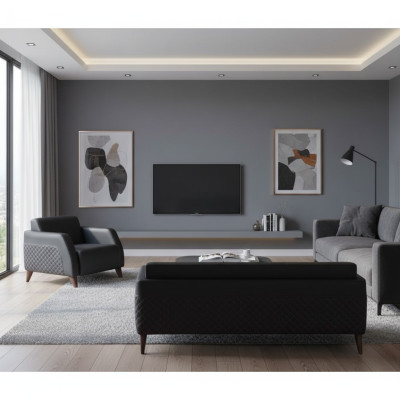 Leather sofa set 3-seater armchair black couch modern sofa set seating furniture