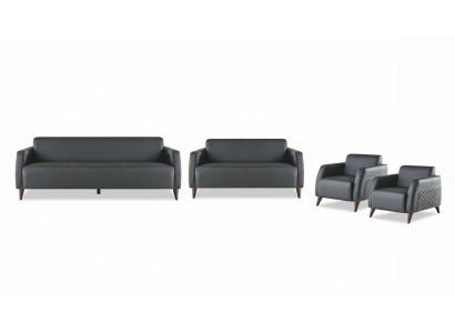 Complete set seating furniture 3-seater 2-seater armchair black genuine leather wood