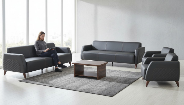 Complete Set Leather Sofa Black 3-Seater Armchair Coffee Table Wood Leather 4 pieces.