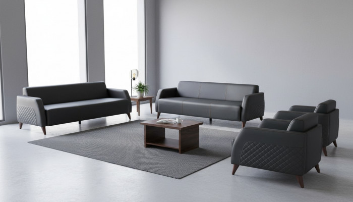 Complete Set Leather Sofa Black 3-Seater Armchair Coffee Table Wood Leather 4 pieces.