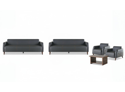 Complete Set Leather Sofa Black 3-Seater Armchair Coffee Table Wood Leather 4 pieces.
