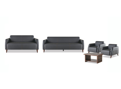 Leather sofas black 3-seater, 2-seater armchair, brown coffee table, couch, soft