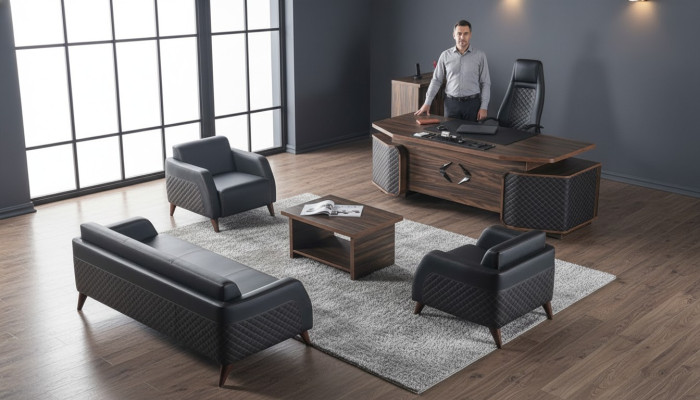 Modern complete office set desk sofas brown black leather