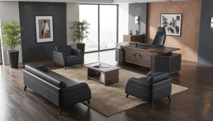 Modern complete office set desk sofas brown black leather