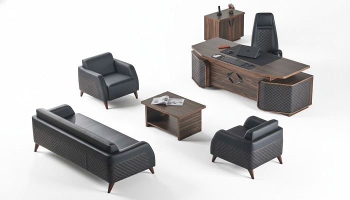 Modern complete office set desk sofas brown black leather