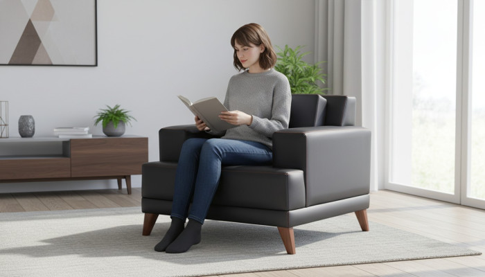 Armchair, black, upholstery, modern, cushion, study, living room, leather, wood.
