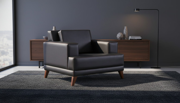 Armchair, black, upholstery, modern, cushion, study, living room, leather, wood.