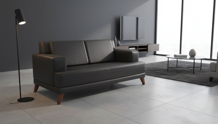 Leather Couch 2-Seater Sofa Black Solid Color Modern Design Leather Sofa Wood