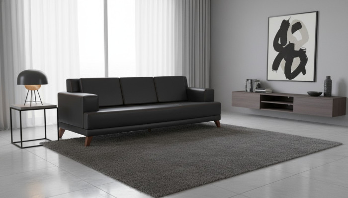 Modern leather sofa 3-seater black solid color couch cushion wood