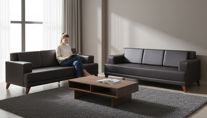 Leather sofas, modern couch, 3-seater, black upholstery, cushions, leather, wood