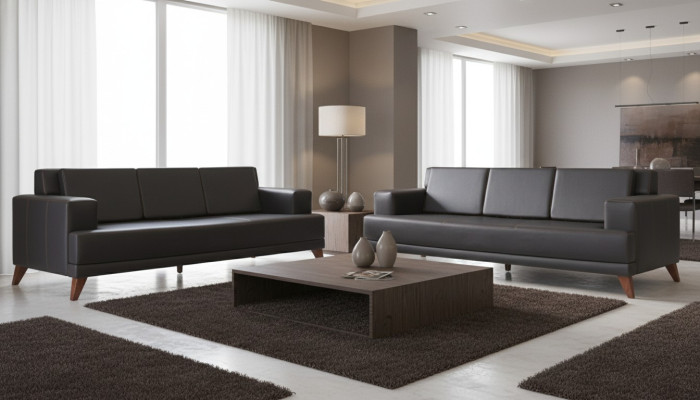 Leather sofas, modern couch, 3-seater, black upholstery, cushions, leather, wood