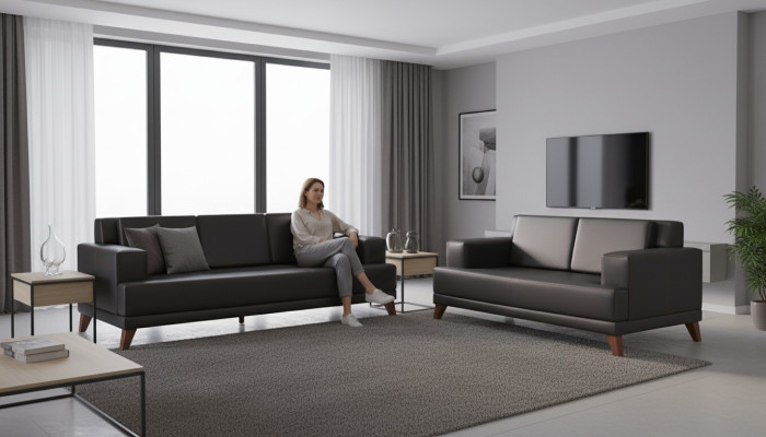 Modern Sofa Set Leather Sofas Black 3-Seater 2-Seater Cushions Pillows