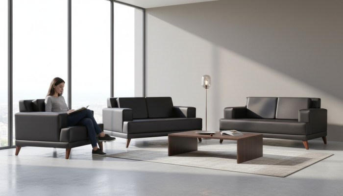Complete seating furniture, 2-seater armchair, black, modern upholstery, cushions, leather