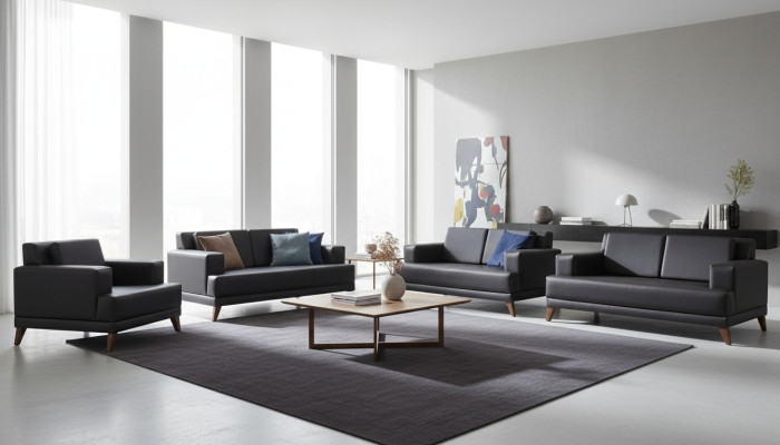 Complete seating furniture, 2-seater armchair, black, modern upholstery, cushions, leather