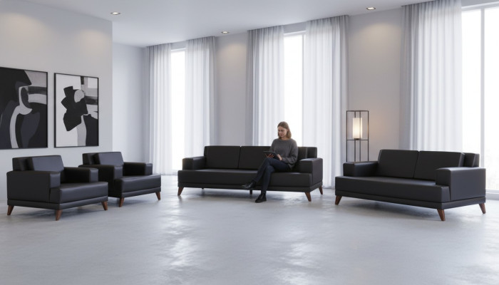 Leather sofa set: 3-seater, 2-seater, 2x armchairs, black, upholstery cushions, wood