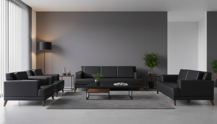 Leather sofa set: 3-seater, 2-seater, 2x armchairs, black, upholstery cushions, wood