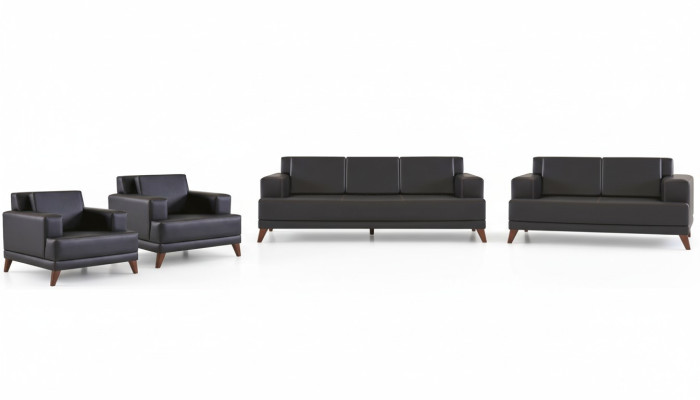 Leather sofa set: 3-seater, 2-seater, 2x armchairs, black, upholstery cushions, wood