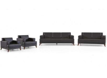 Leather sofa set: 3-seater, 2-seater, 2x armchairs, black, upholstery cushions, wood