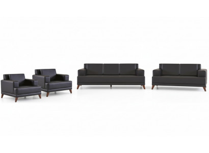 Leather sofa set: 3-seater, 2-seater, 2x armchairs, black, upholstery cushions, wood