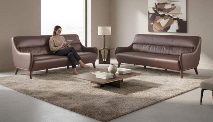 Leather Sofa Set Wood 3-Seater Leather Sofas Sofas Brown Classic Couch