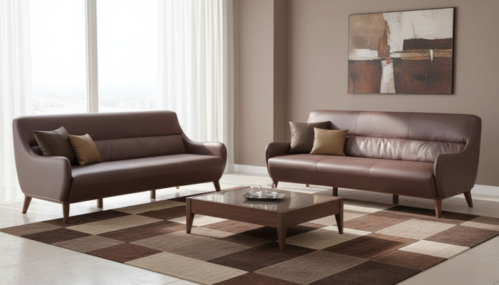 Leather Sofa Set Wood 3-Seater Leather Sofas Sofas Brown Classic Couch