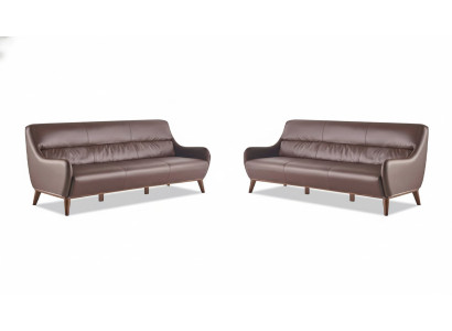 Leather Sofa Set Wood 3-Seater Leather Sofas Sofas Brown Classic Couch
