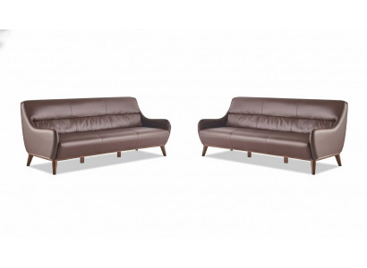 Leather Sofa Set Wood 3-Seater Leather Sofas Sofas Brown Classic Couch