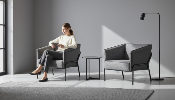 Armchair Set Chair Leather Textile Stainless Steel Modern Single-Seater Gray Wood