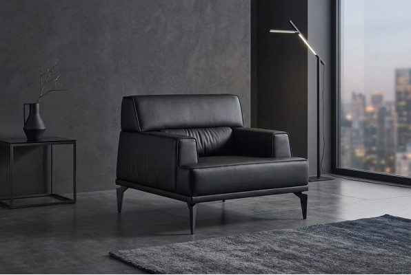 Armchair, recliner, black leather, soft, four-sided, modern, stainless steel, wood